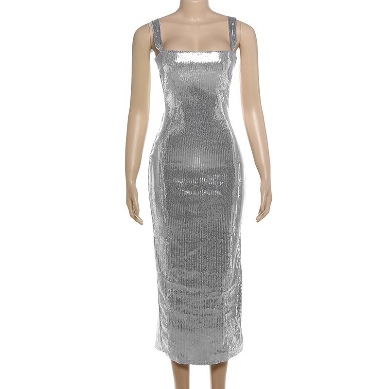 Glitter square neck hollow out metallic midi dress