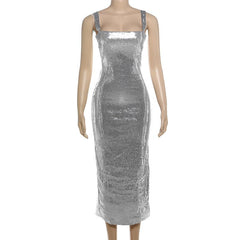 Glitter square neck hollow out metallic midi dress