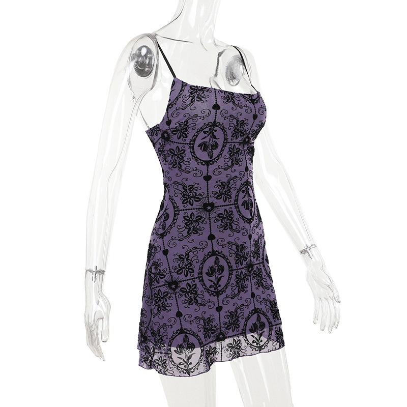 U neck velvet print mesh ruffle cami mini dress