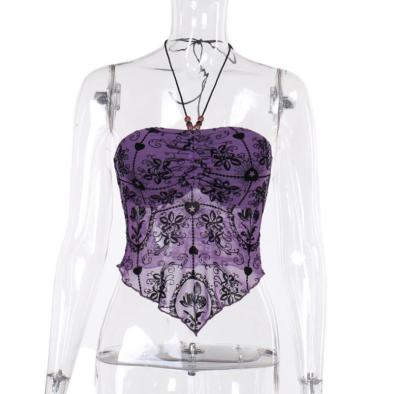Halter drawstring ruched beaded mesh print top