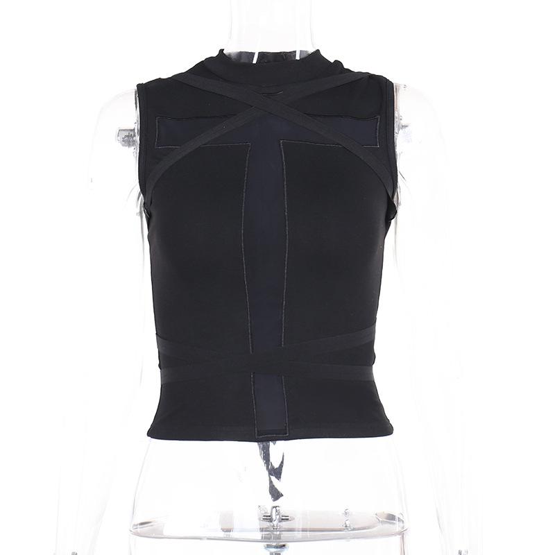 Crewneck patchwork cross front cross pattern tank top
