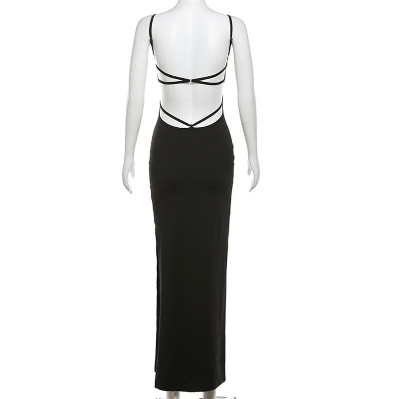Lace up backless slit solid cami maxi dress