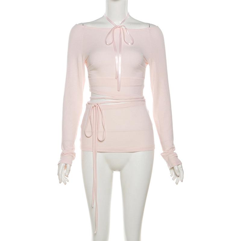 Long sleeve halter ribbon round neck top