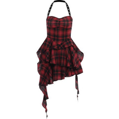 Zip-up halter contrast irregular plaid backless mini dress  | red tango dress