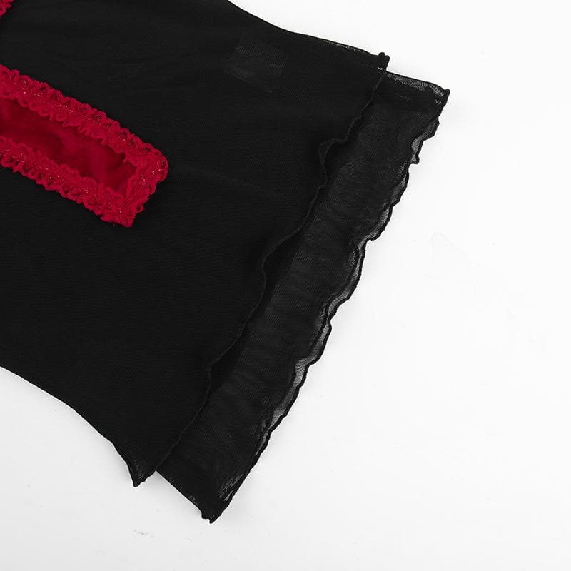 Cross ruffle mesh sleeveless contrast patchwork top