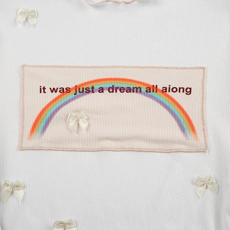 Short sleeve ruffle rainbow print bowknot crop top