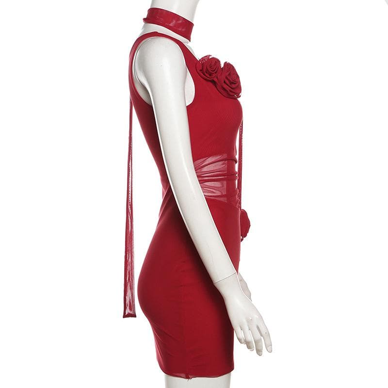 Cowl neck sheer mesh flower applique cami mini dress  | red tango dress  | samba dress