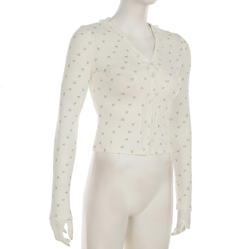 Long sleeve textured flower print button lace hem top