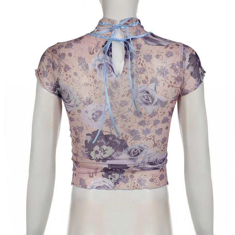Short sleeve high neck print mesh knotted top