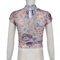 Short sleeve high neck print mesh knotted top