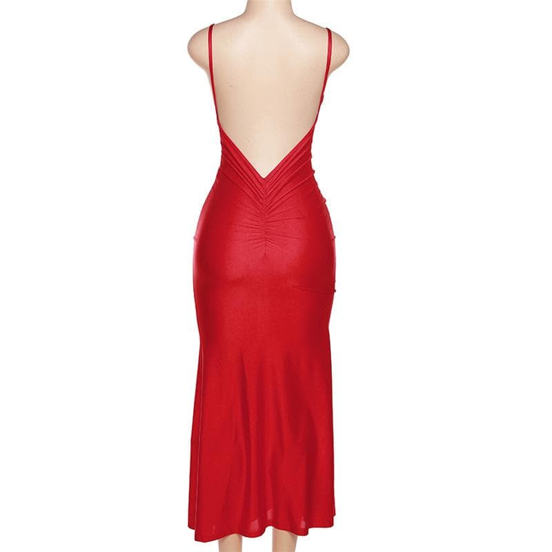 Low cut v neck ruched solid backless cami maxi dress  | red tango dress