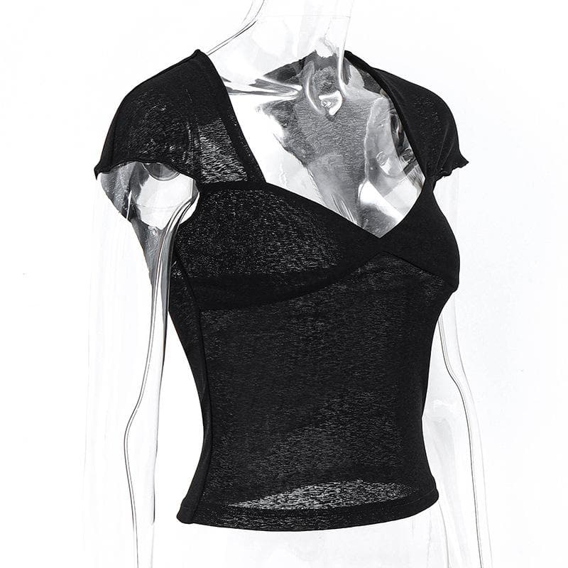 V neck hollow out knotted short sleeve low cut backless crop cut out top