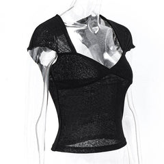 V neck hollow out knotted short sleeve low cut backless crop cut out top