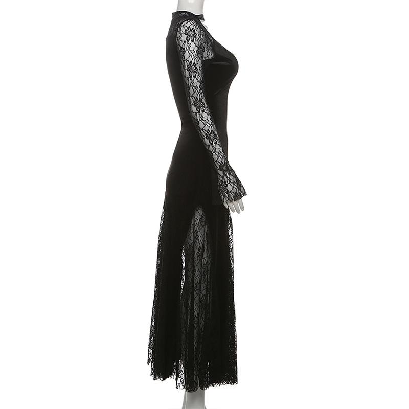 Long sleeve v neck lace velvet patchwork maxi dress
