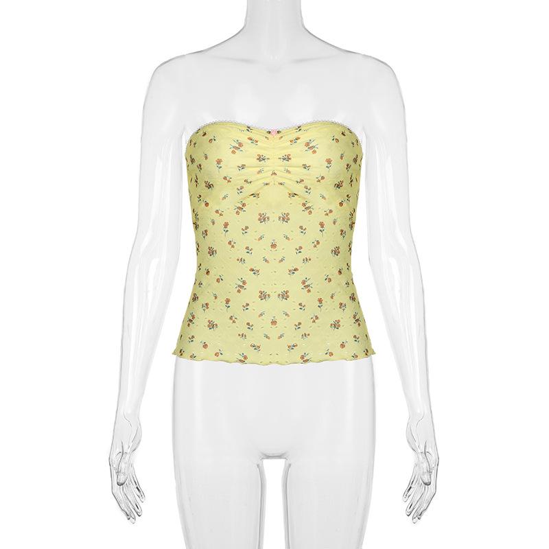 Ruched ruffle print flower applique tube top