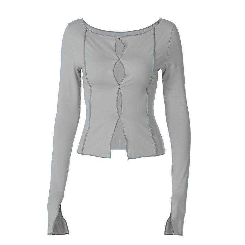Hollow out round neck long sleeve cut out top