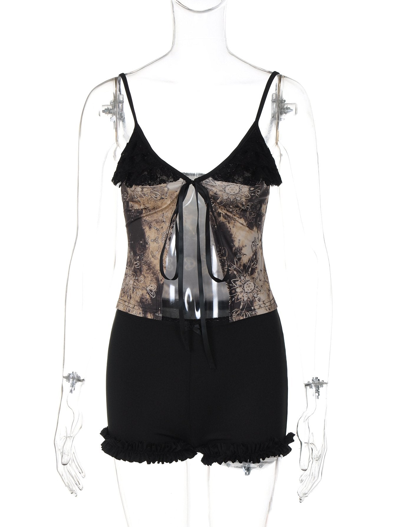 V neck lace hem print self tie cami pant set