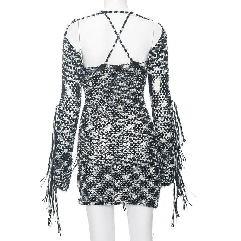 Long sleeve knitted tassels cross back contrast mini dress  | black rave dress