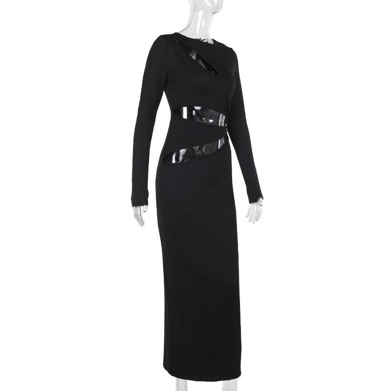 Long sleeve crewneck hollow out maxi dress