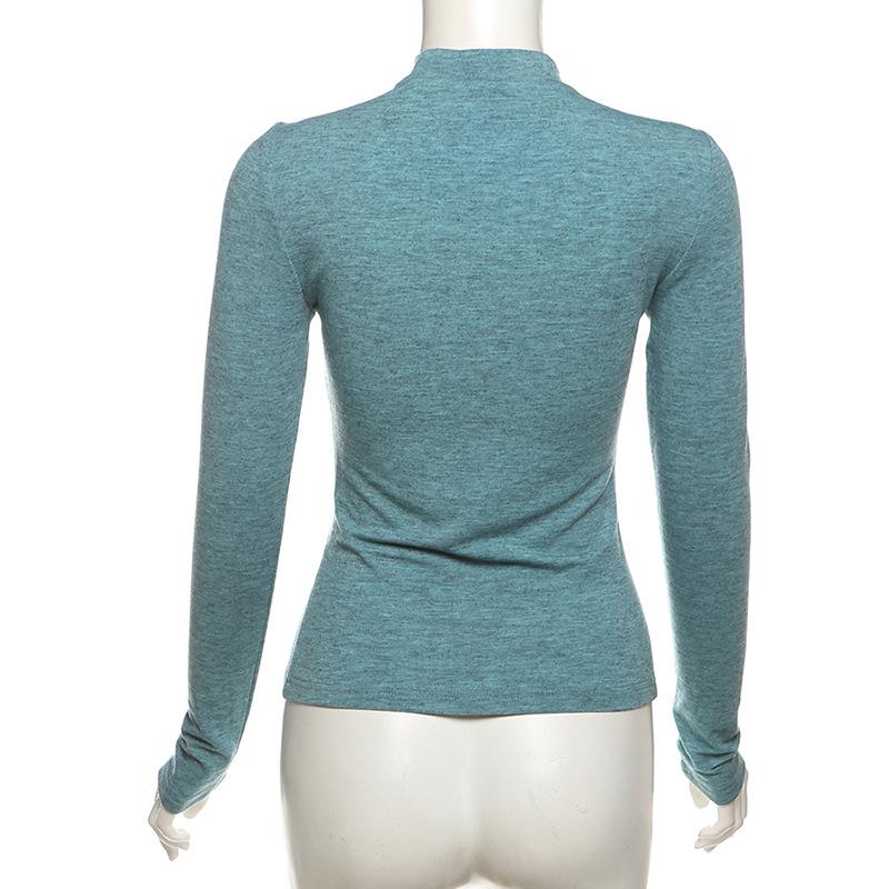 High neck long sleeve beaded cross pattern hollow out top