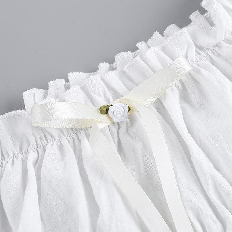 Short puff sleeve ruched ruffle bowknot crop top