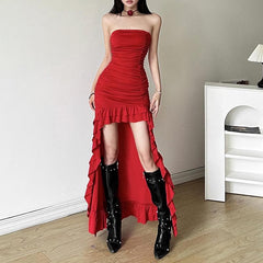 Ruched ruffle solid backless tube maxi dress  | red tango dress