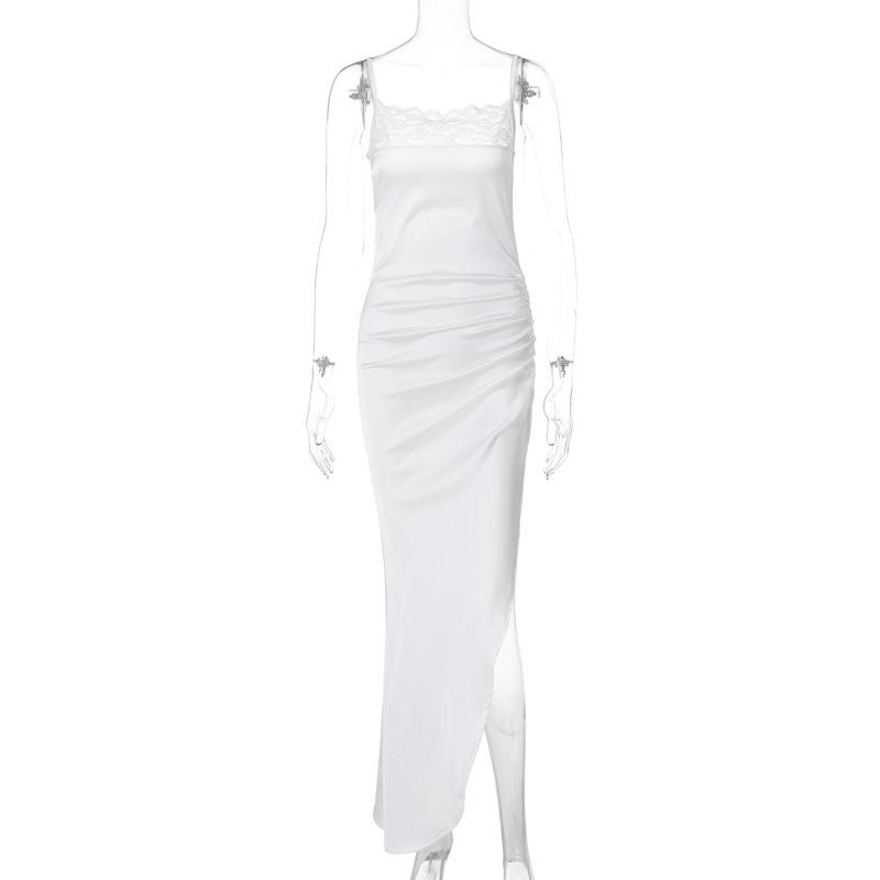 Lace satin patchwork irregular high slit ruched cami maxi dress