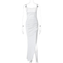 Lace satin patchwork irregular high slit ruched cami maxi dress