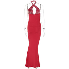 Halter ruched backless solid cross front maxi dress  | red tango dress