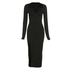 Cross front long sleeve slit notch neck solid midi dress  | black rave dress  | black rave dress