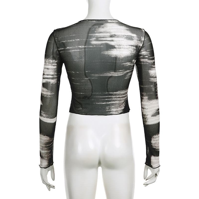 Sheer mesh see through ruffle long sleeve tie dye crop top
