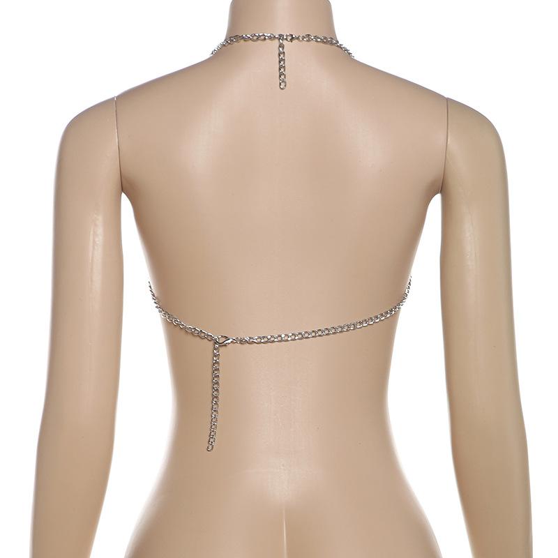 Halter layered metal chain hollow out backless top