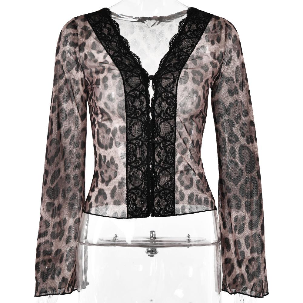 Long sleeve leopard print v neck lace button top