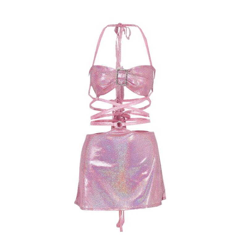 Halter o ring glitter metallic butterfly applique mini dress