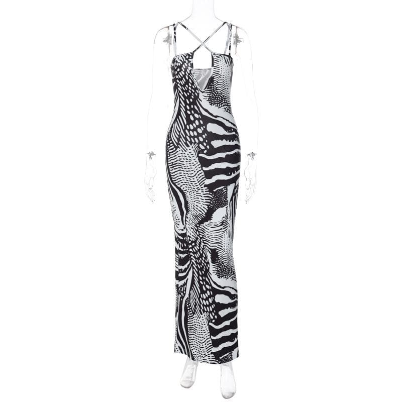 Contrast print cross front backless low cut maxi dress  | black rave dress  | black rave dress