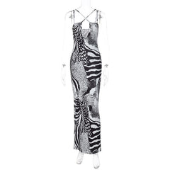Contrast print cross front backless low cut maxi dress  | black rave dress  | black rave dress