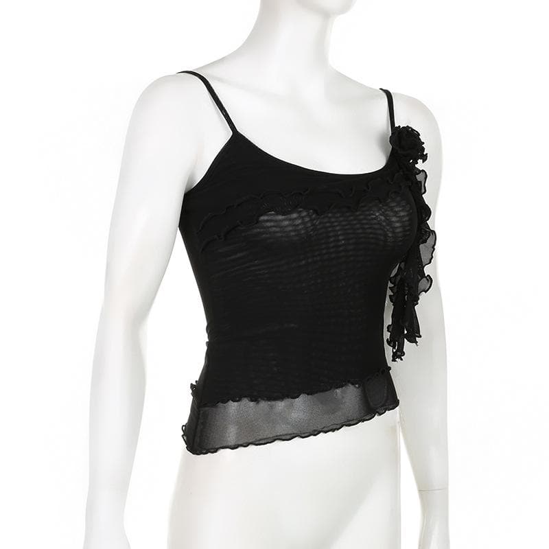 Sheer mesh flower applique ruffle u neck irregular crop top
