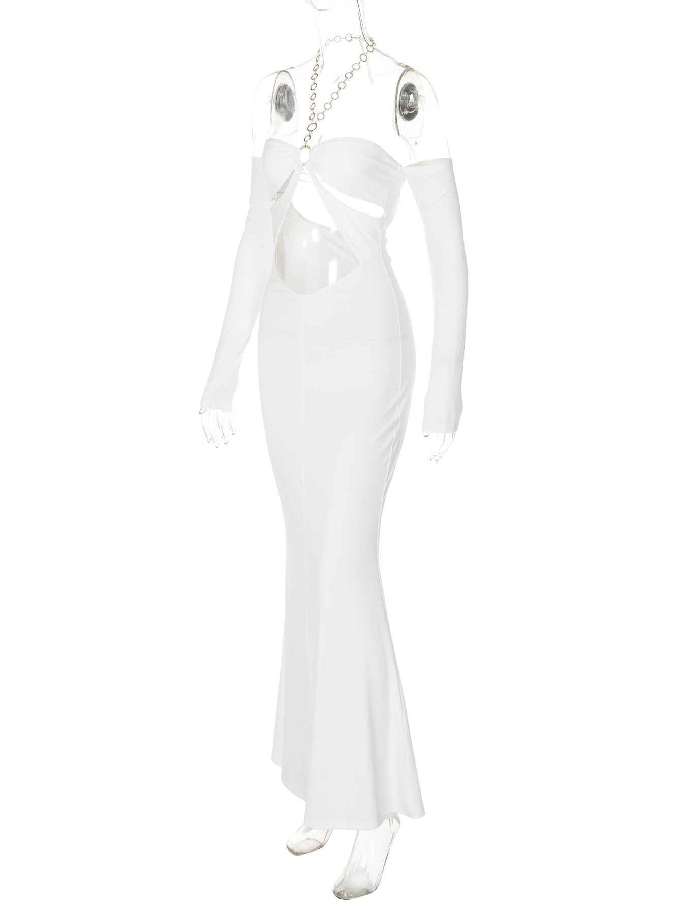 Off shoulder halter o ring hollow out metal chain maxi dress