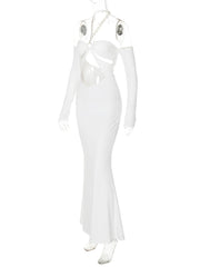 Off shoulder halter o ring hollow out metal chain maxi dress