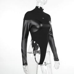 Patchwork high neck long sleeve PU leather bodysuit
