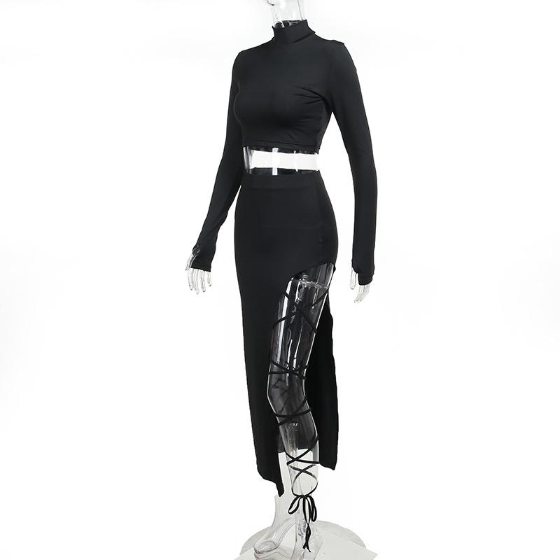 Long sleeve high neck self tie slit maxi skirt set