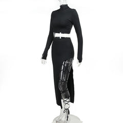 Long sleeve high neck self tie slit maxi skirt set