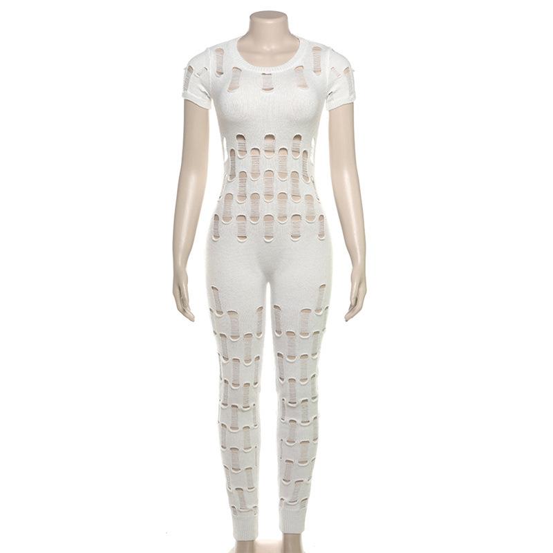 Hollow out short sleeve crewneck knitted backless jumpsuit