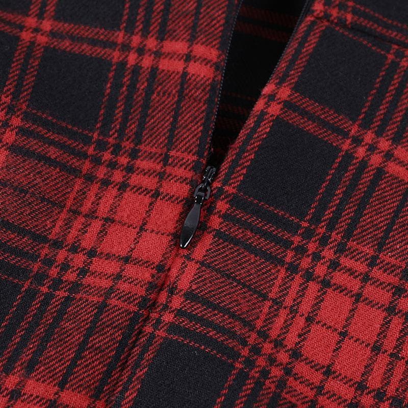 Ruffle plaid zip-up irregular one shoulder backless mini dress  | red tango dress