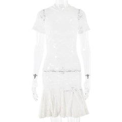 Short sleeve hoodie lace see through mini dress