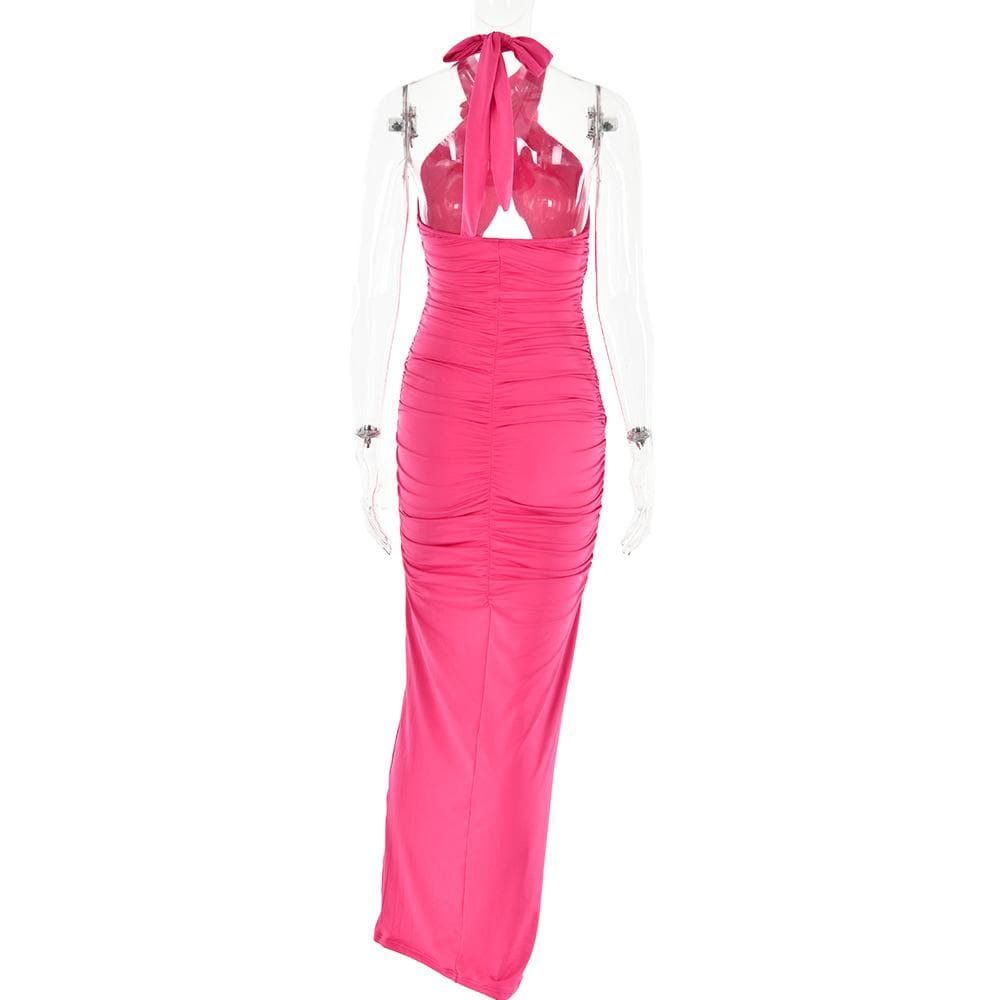 Ruched halter flower applique hollow out cross front contrast maxi dress  | red tango dress  | black rave dress