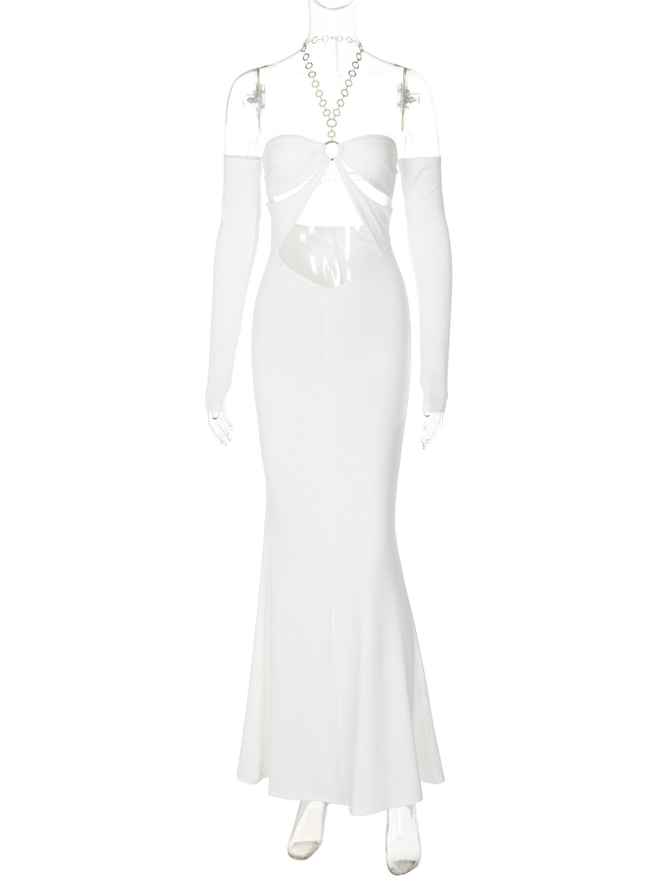 Off shoulder halter o ring hollow out metal chain maxi dress
