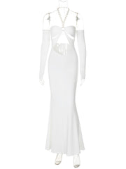 Off shoulder halter o ring hollow out metal chain maxi dress