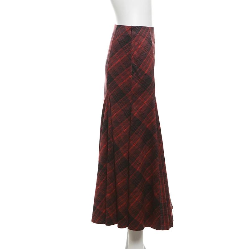 Plaid zip-up ruffle maxi skirt