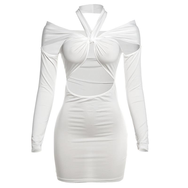 Long sleeve halter hollow out solid mini dress